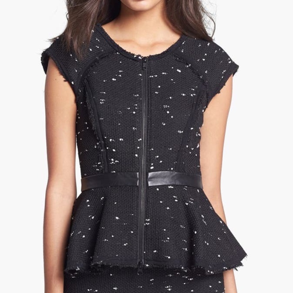 $380 MILLY Black Woven Paneled Leather Peplum Top